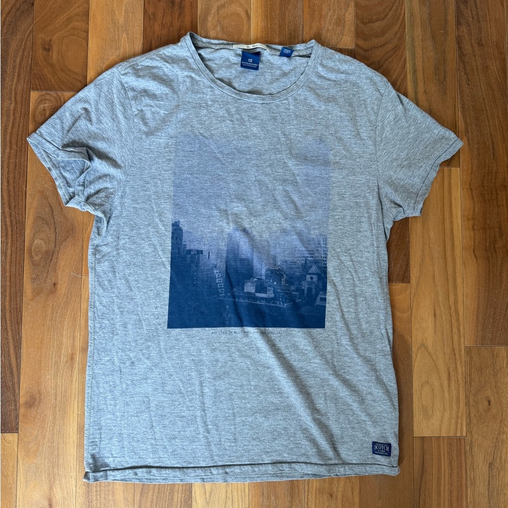 Scotch and Soda Grey and Blue Short Sleeve Tee with Urban Graphic
